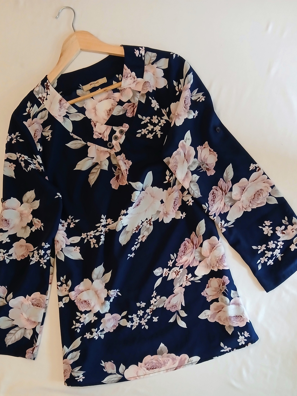 Miusey Navy Blue Floral Chiffon Blouse Tunic Top Roll Tab Sleeve M NWOT